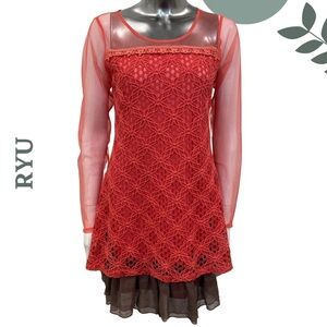 RYU Coral Lace Mesh Dress – Size Small – Sheer Sleeves & Layered Hem